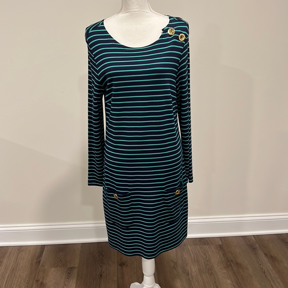 NWOT Sail To Sable Blue and Green Stripe Long Sleeve Dress Size Medium